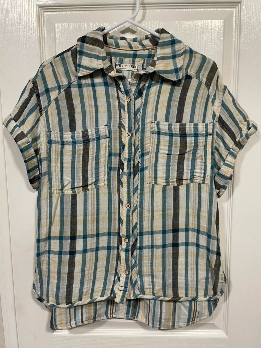 We The Free Striped Button-Up Shirt in Teal, Olive & Cream